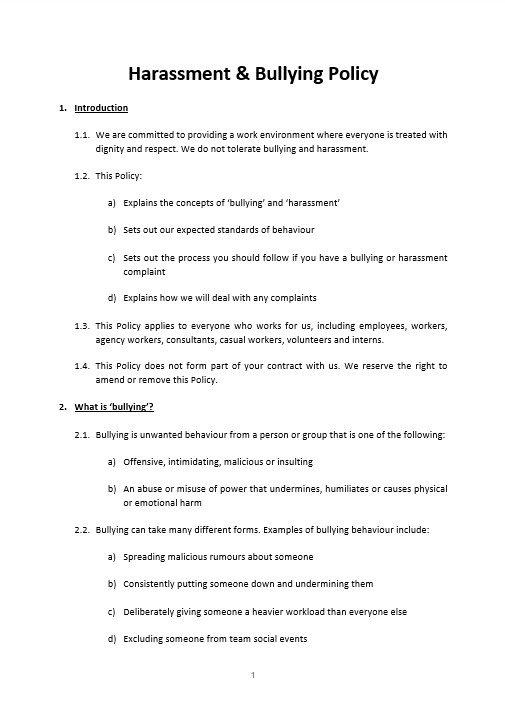 Harassment & Bullying Policy sample page - New Version